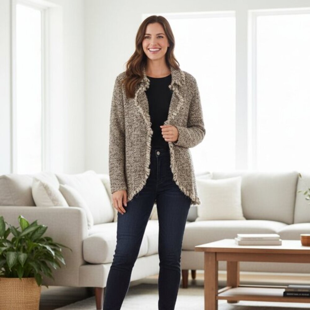 NWT Coldwater Creek Praline Dreams Textured Knot Fringe Cardigan L/14